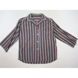 VINTAGE WOMEN'S GRAY GREEN RED STRIPED 3/4 SLEEVE BUTTON-UP SHIRT TOP - SIZE S